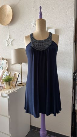 Elegant navy dress with jeweled neckline, size medium