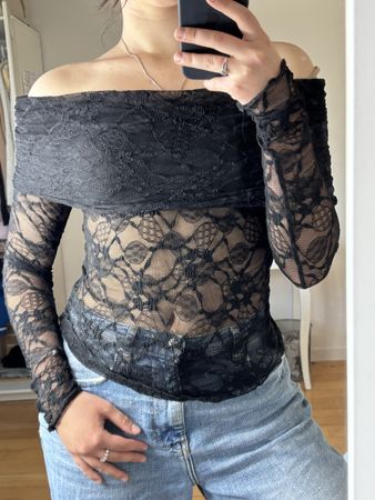 Black Lace Long Sleeve Top - Off Shoulder, Party Look