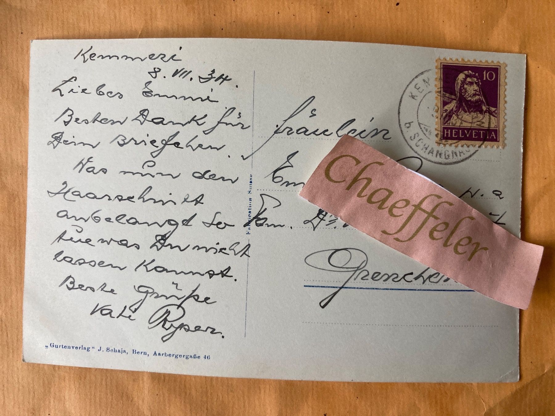 Cartoline postali: 1934 Kurhaus Kemmeribidenbad i. E. – Usato da Zürich venduto da Chaeffeler 1