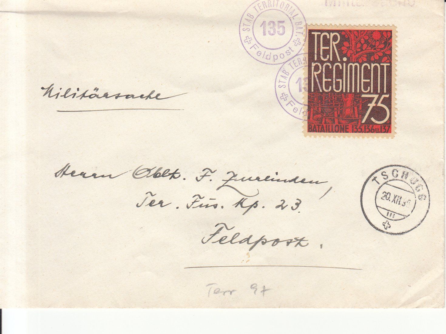 Alle Briefmarken: Territorial-Truppen Wi 97 auf Brief mit ST Tschugg – Gebraucht aus Bürglen TG von StampGraf
