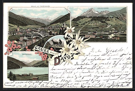 Cartoline postali: Litho Davos, Ortsansicht mit Tinzenhorn, – Usato da Berlin venduto da bartko-reher