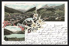 Litho Davos, Ortsansicht mit Tinzenhorn,