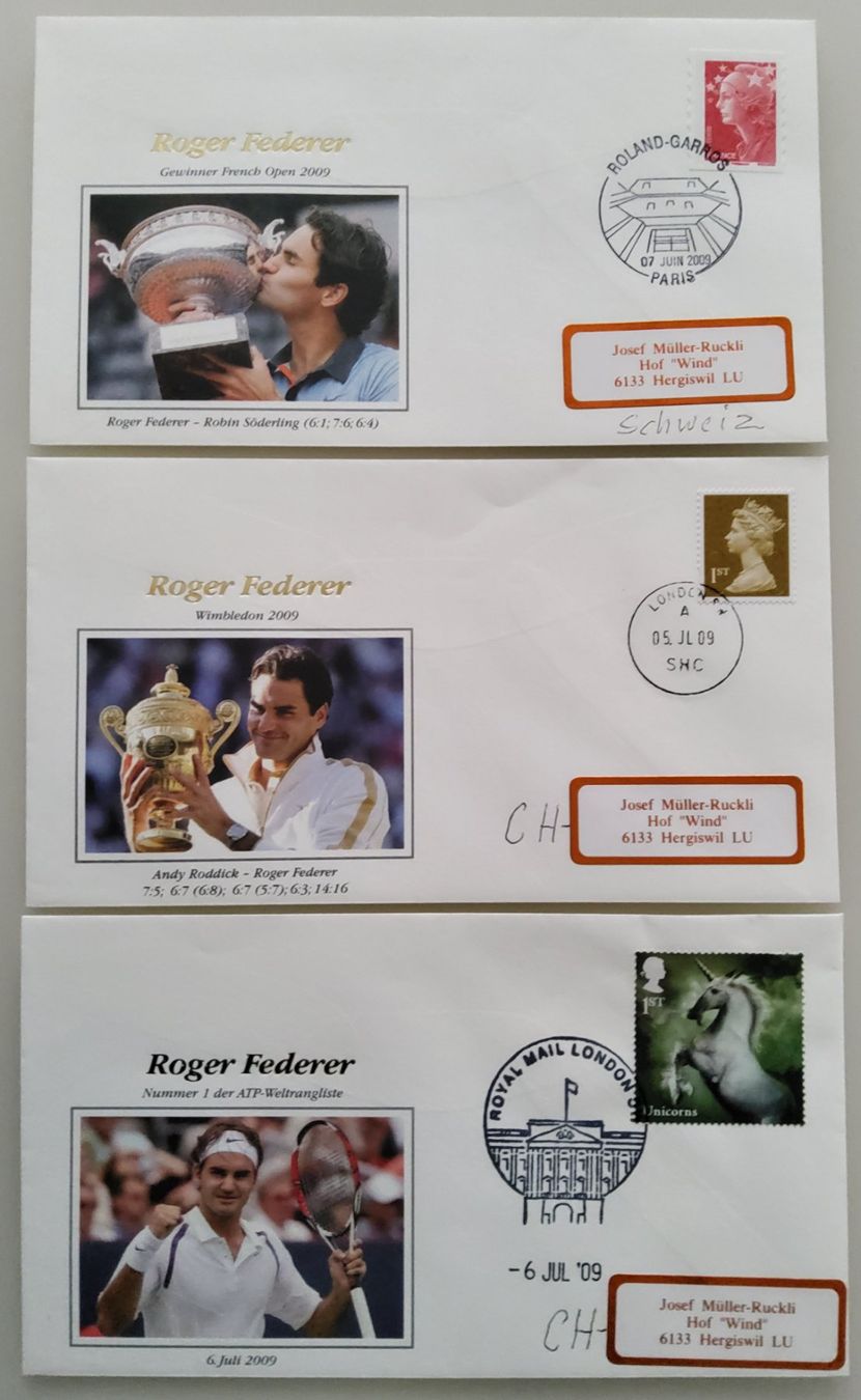 Alle Briefmarken: Roger Federer - 2009 - 3 Briefe der Erfolge – Gebraucht aus Buchrain von mue_kru