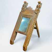 Ancien miroir de coiffeuse / rasage en bois de chêne sculpté