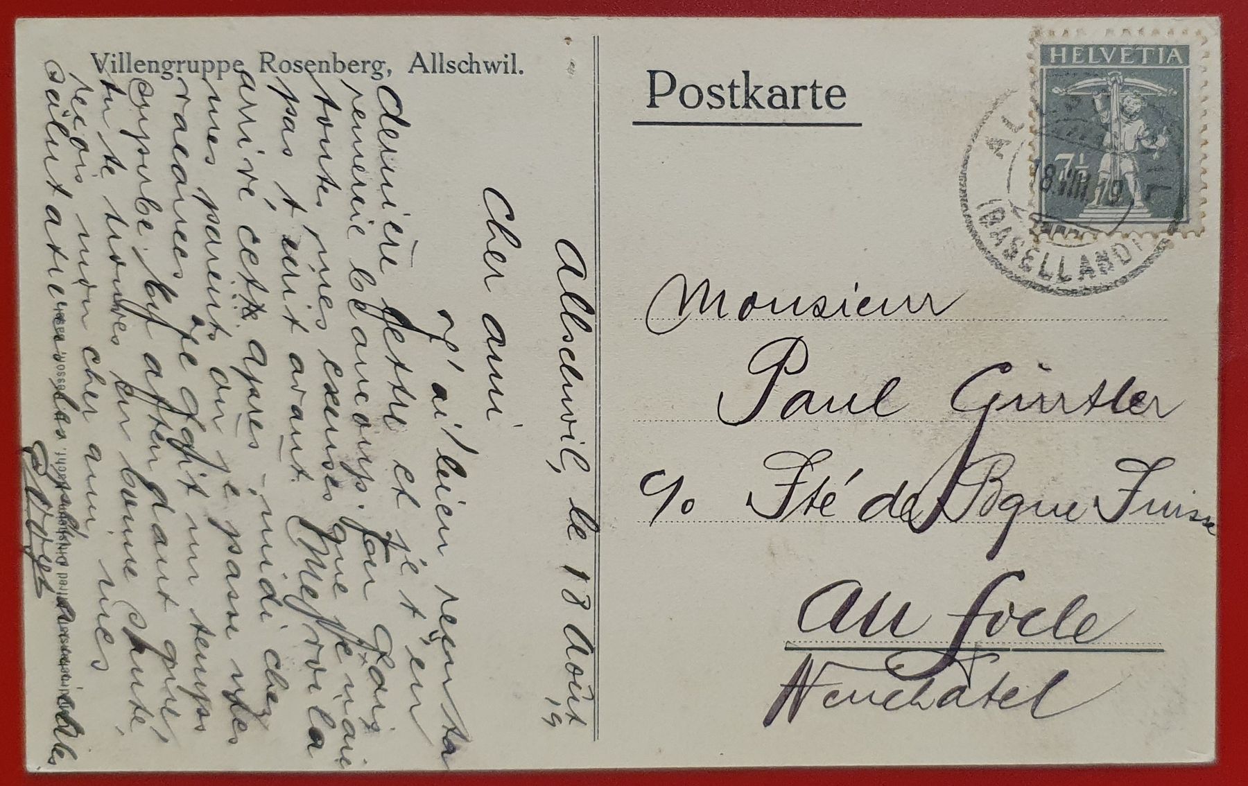 Cartoline postali: Allschwil 1919 - Villengruppe Rosenberg – Usato da Kreuzlingen venduto da Rschweiz1 1