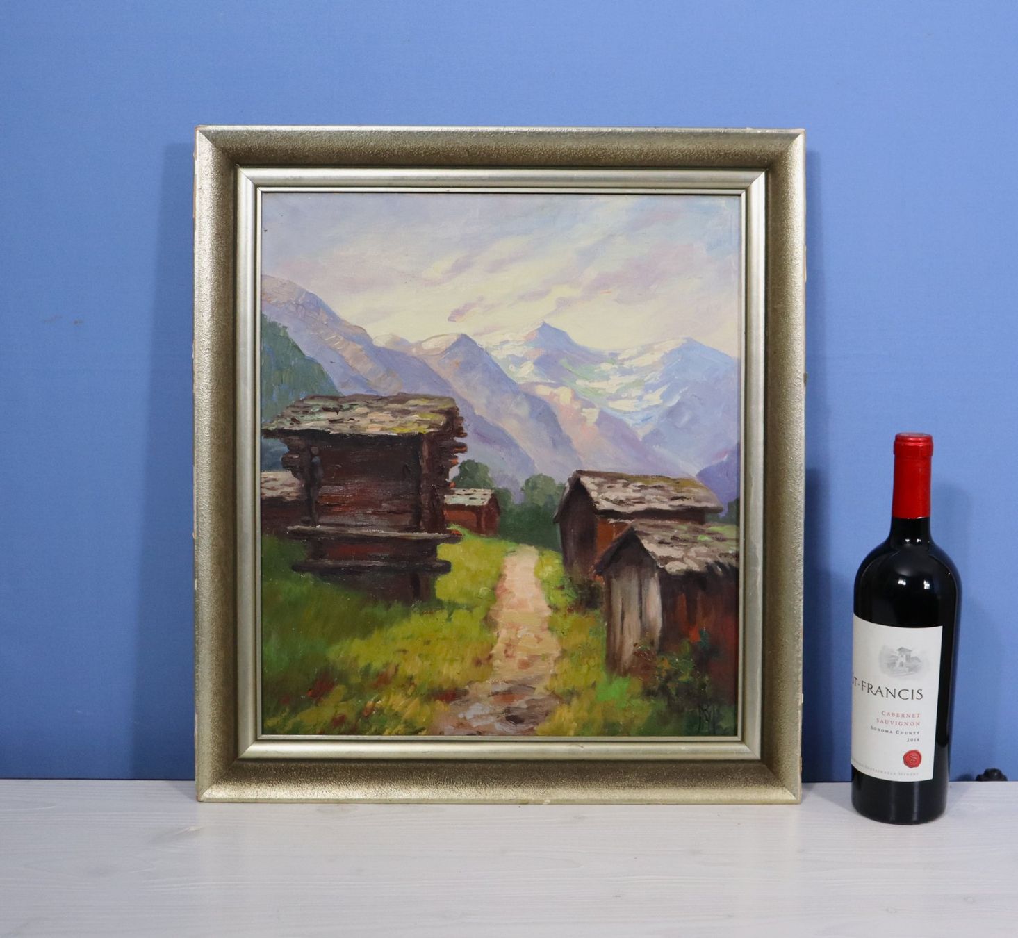 Dipinti: Landschaft mit Walliser Spycher, Gemälde mit Monogramm M R – Usato da Zug venduto da Kunst-Fundgrube