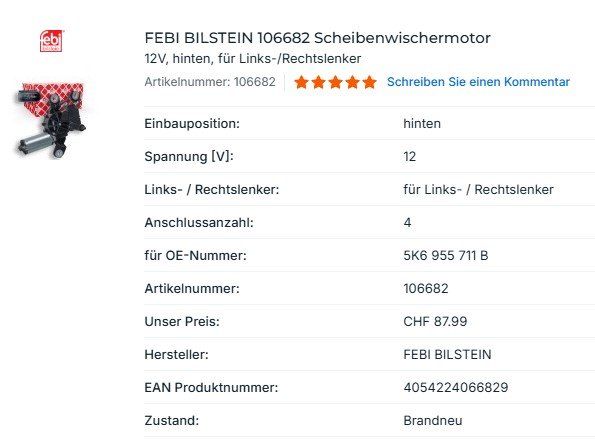 Tutti pezzi di ricambio auto: Heck- Scheibenwischermotor (neu) – Nuovo (secondo la descrizione) da Bühl BE venduto da x-drums 1