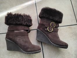 Bottines hivernales fourrées marron, talon compensé, T37