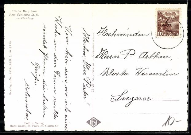 Cartoline postali: Gommiswald, Kloster Berg Sion mit Züric – Usato da Berlin venduto da bartko-reher 1
