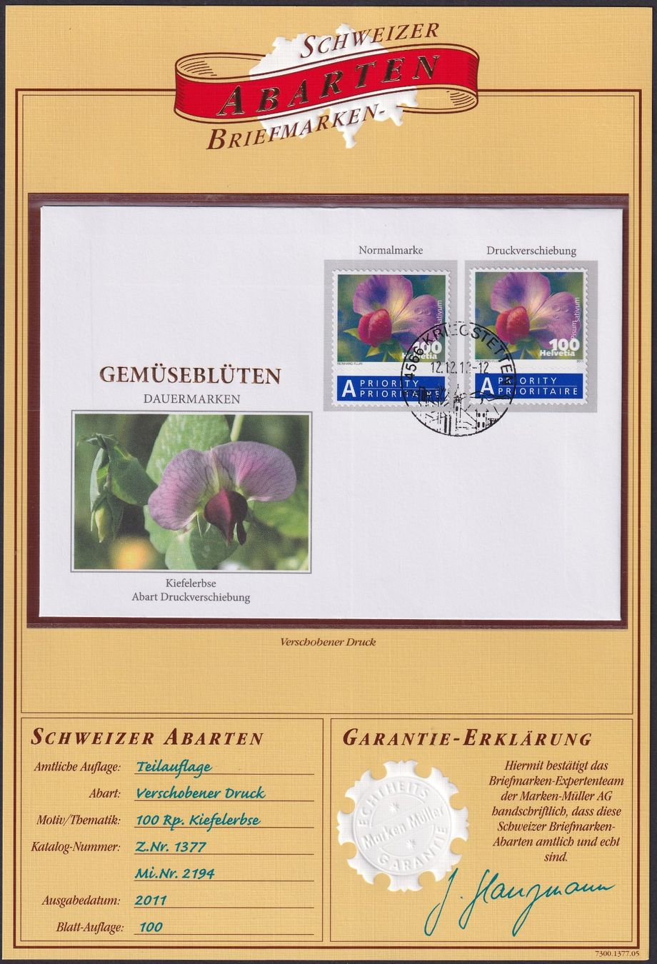 Tutti i francobolli: 2011, Nr.1377.Ab mit Druckverschiebung +mit Zertifikat – Usato da Sursee venduto da Luzernerraute 1