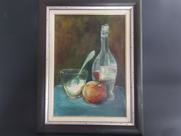 Original Stilleben Ölgemälde Apfel / Glas / Rosé-Flasche