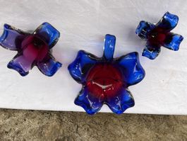3er Set Murano Glas Schalen, blau/rot, Vintage