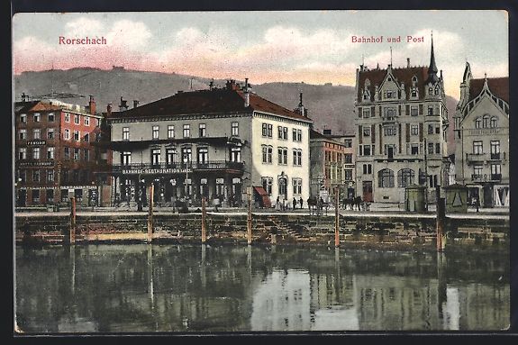 Cartoline postali: AK Rorschach, Bahnhof und Post, 1908 – Usato da Berlin venduto da bartko-reher