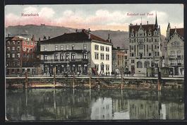 AK Rorschach, Bahnhof und Post, 1908