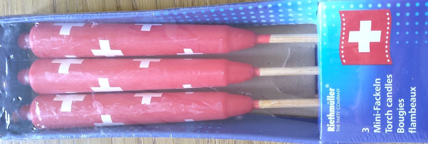Candele: 3 Mini-Fackeln mit Schweizerkreuz – Nuovo e nell'imballaggio originale da Liebefeld venduto da sam_7vm2
