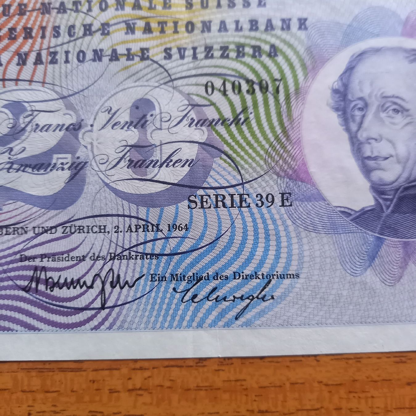 20 CHF Note, 1964, Serie 39E - gut erhalten! Sammlerstück (Gebraucht ...