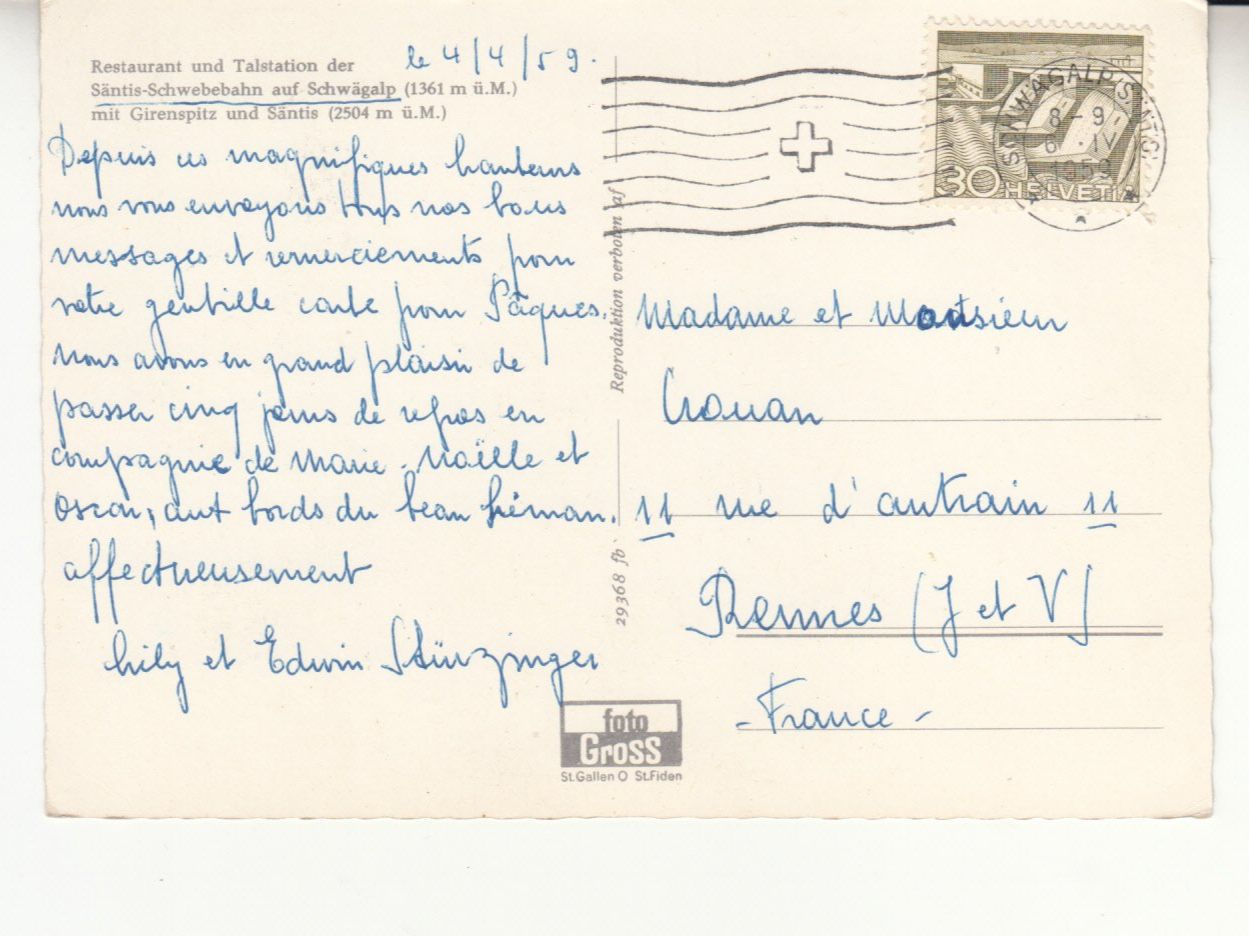 Ansichtskarten: Schwägalp 1959 – Gebraucht aus Bürglen TG von StampGraf 1