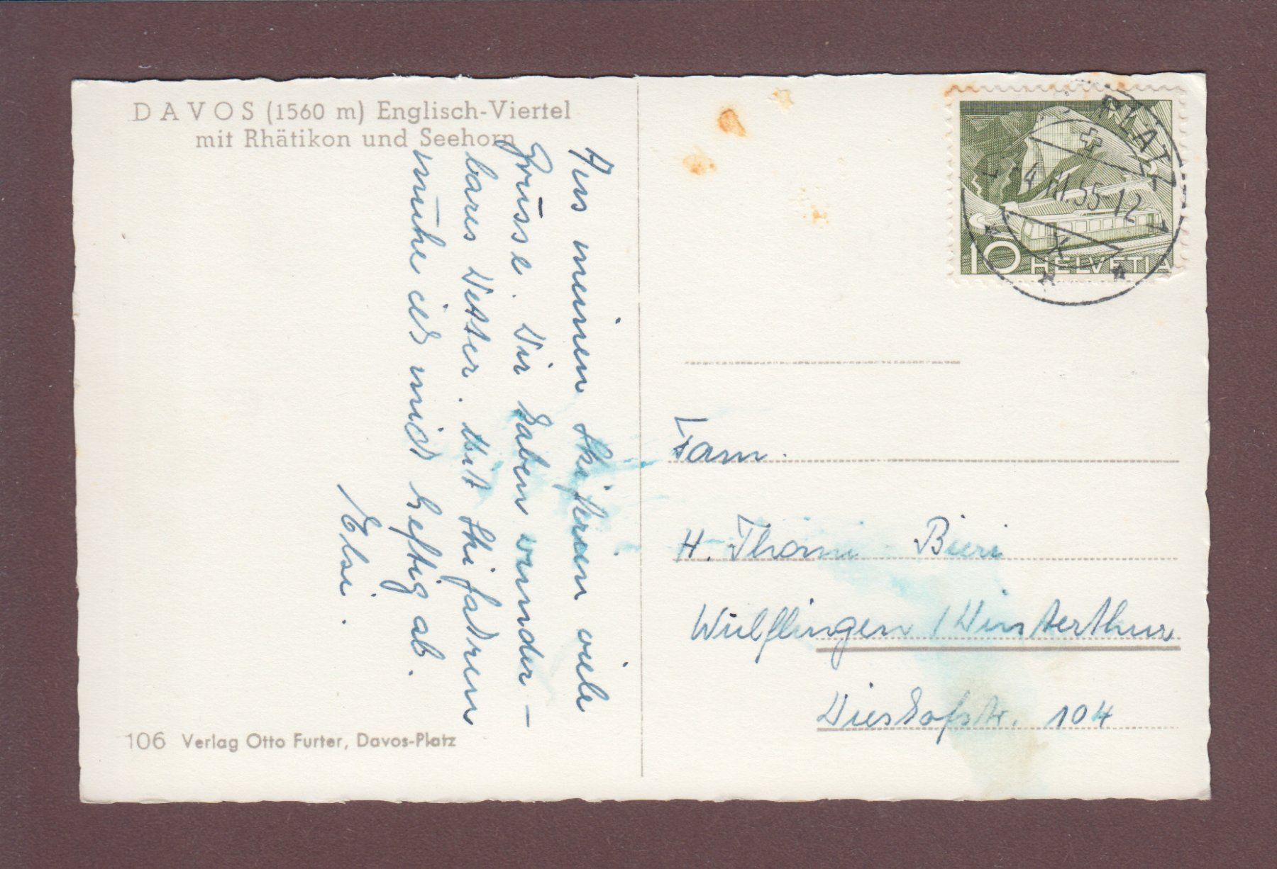 Cartoline postali: DAVOS - Englisch-Viertel - 1955 – Usato da Pully venduto da nicecards 1