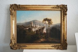 Antikes Ölgemälde Burgruine Landschaft 19. Jh. Goldrahmen