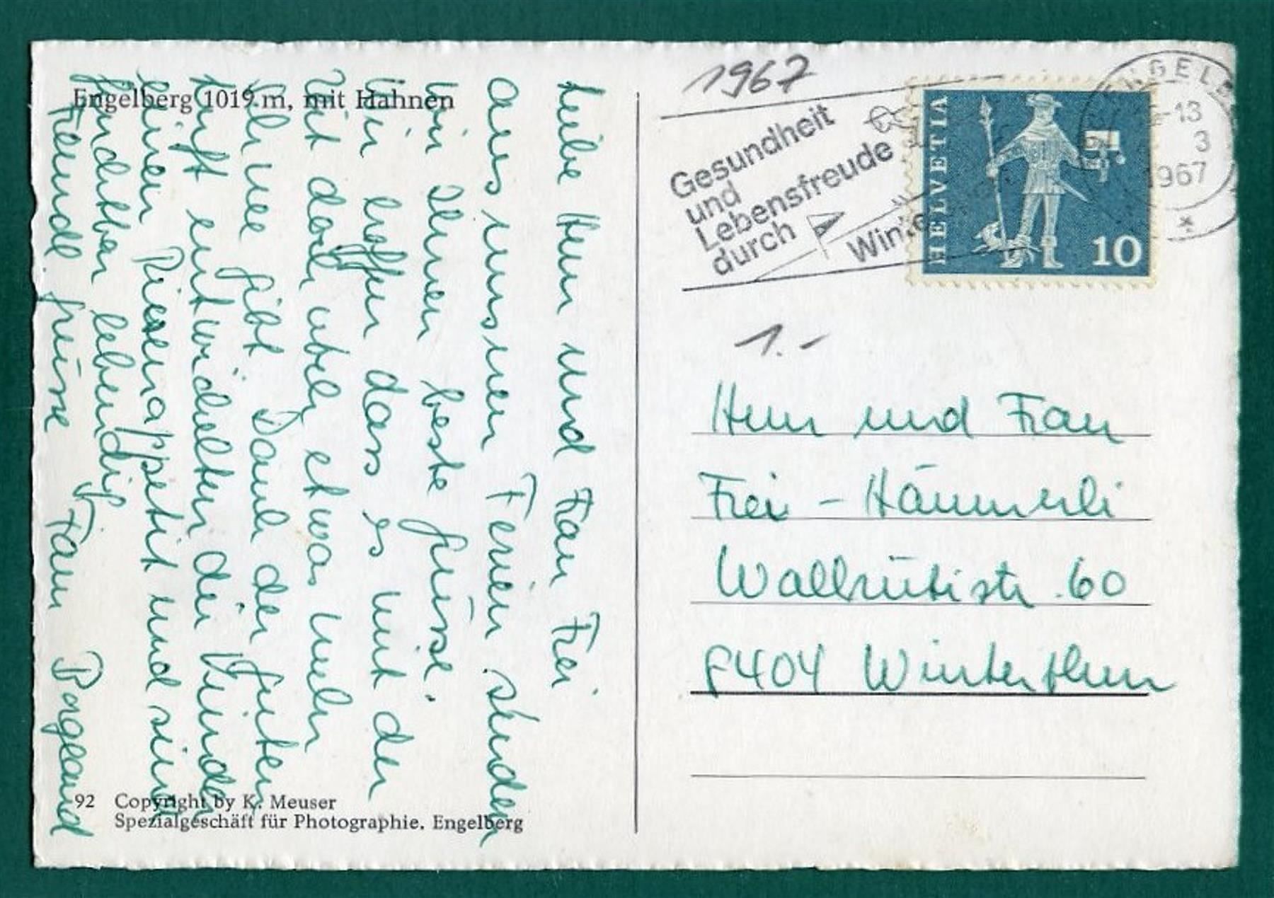 Cartes postales: Engelberg mit Hahnen, 1967, gelaufen – D'occasion à Sargans par Hausi1951 1
