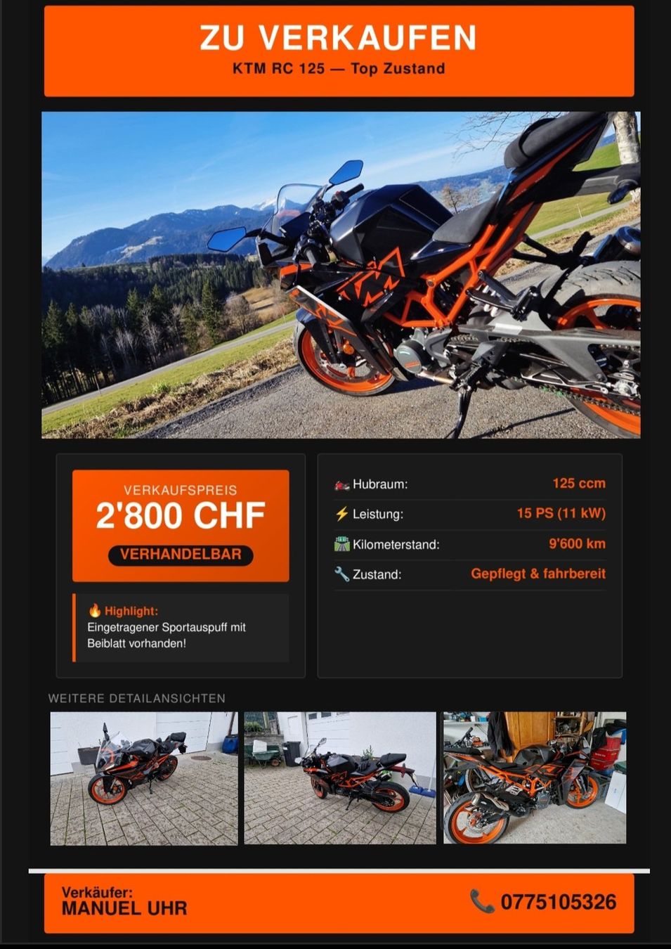 KTM Strada: KTM RC 125 Black, Modell 2022 – Usato da Hütten venduto da man_7r72