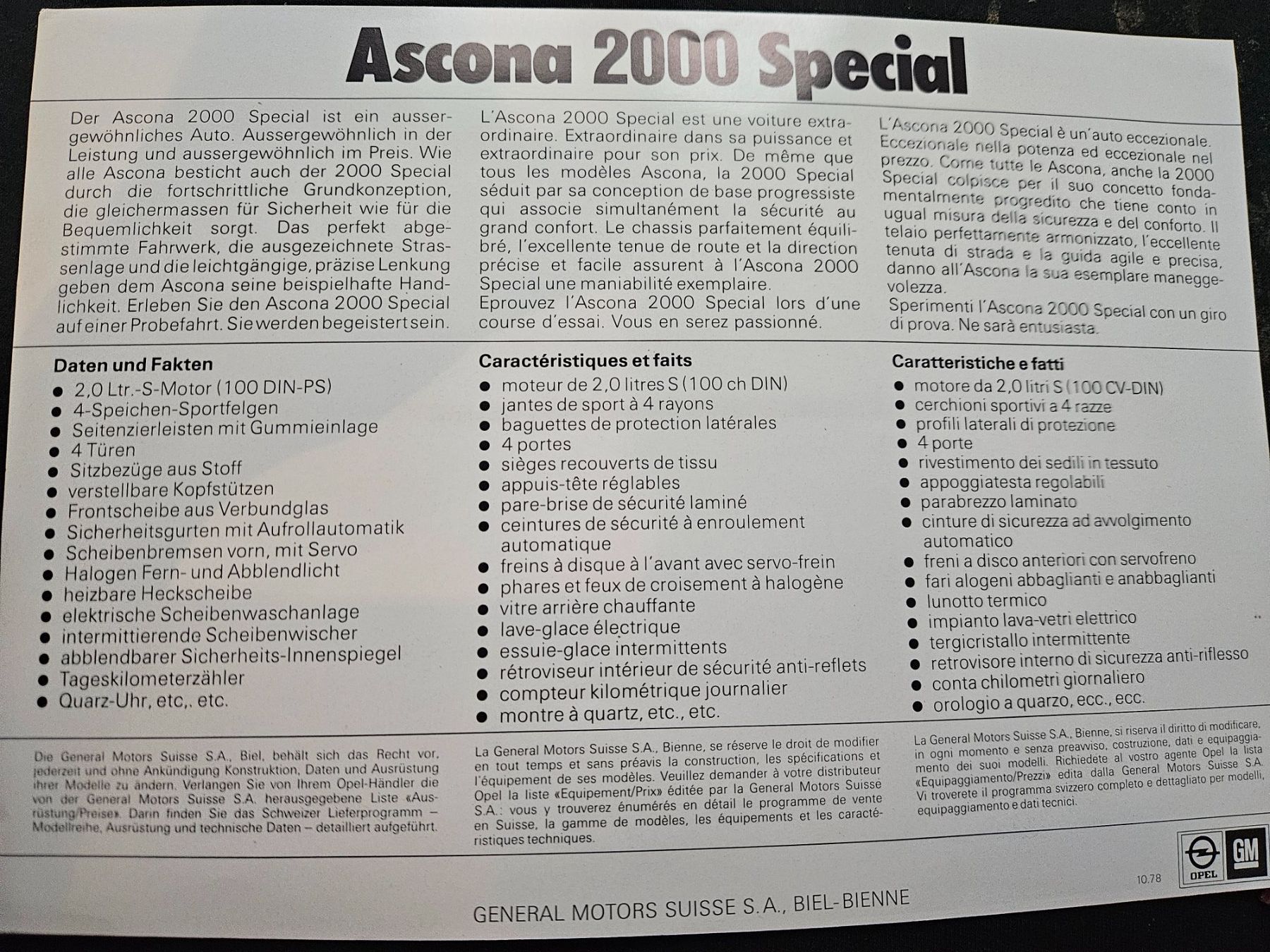Opel Documenti: Opel Ascona 2000 Special  Prospekt 1978 xa – Usato da Flawil venduto da sr1_f6st 1