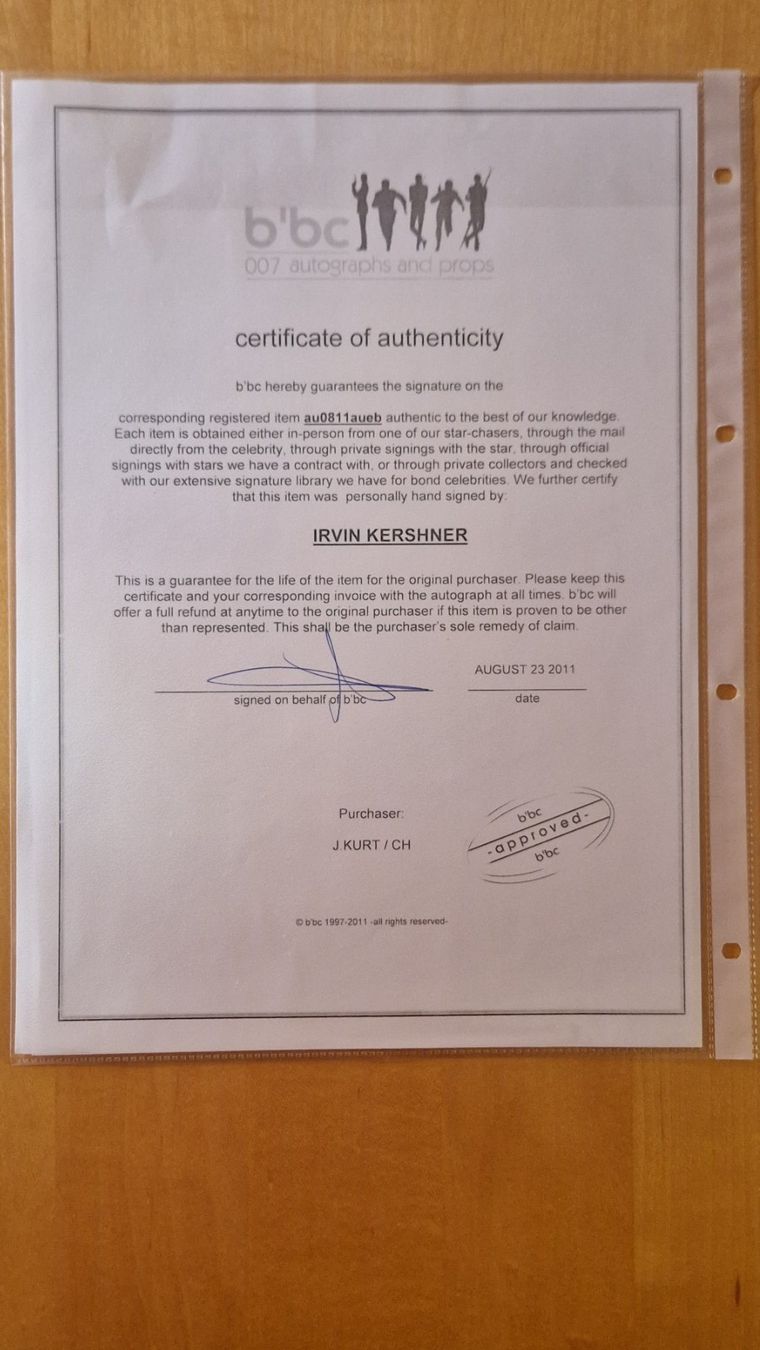 Autografi: Irvin Kershner, Original Autogramm in Farbe mit Zertifikat – Usato da Salmsach venduto da aacs65 1