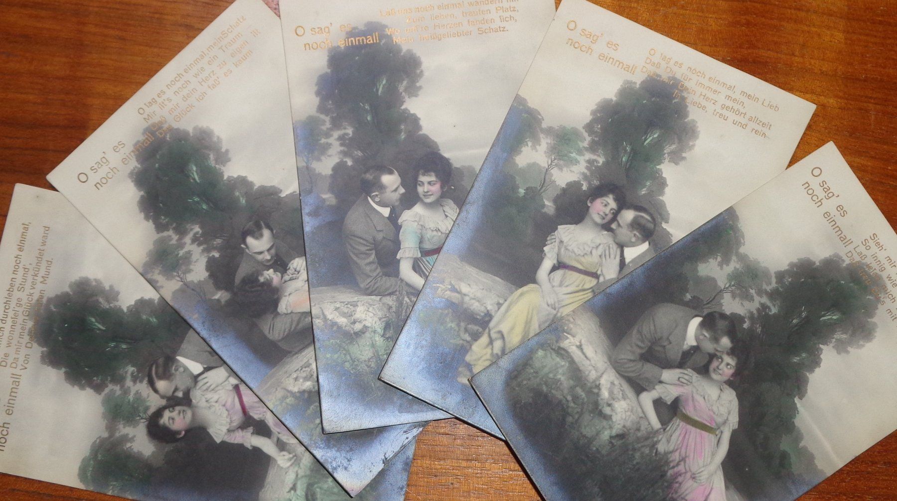 Cartoline postali: Kitschkarte "O sag es noch eimal"  5 Stück ca. 1930 – Usato da Bürglen TG venduto da StampGraf