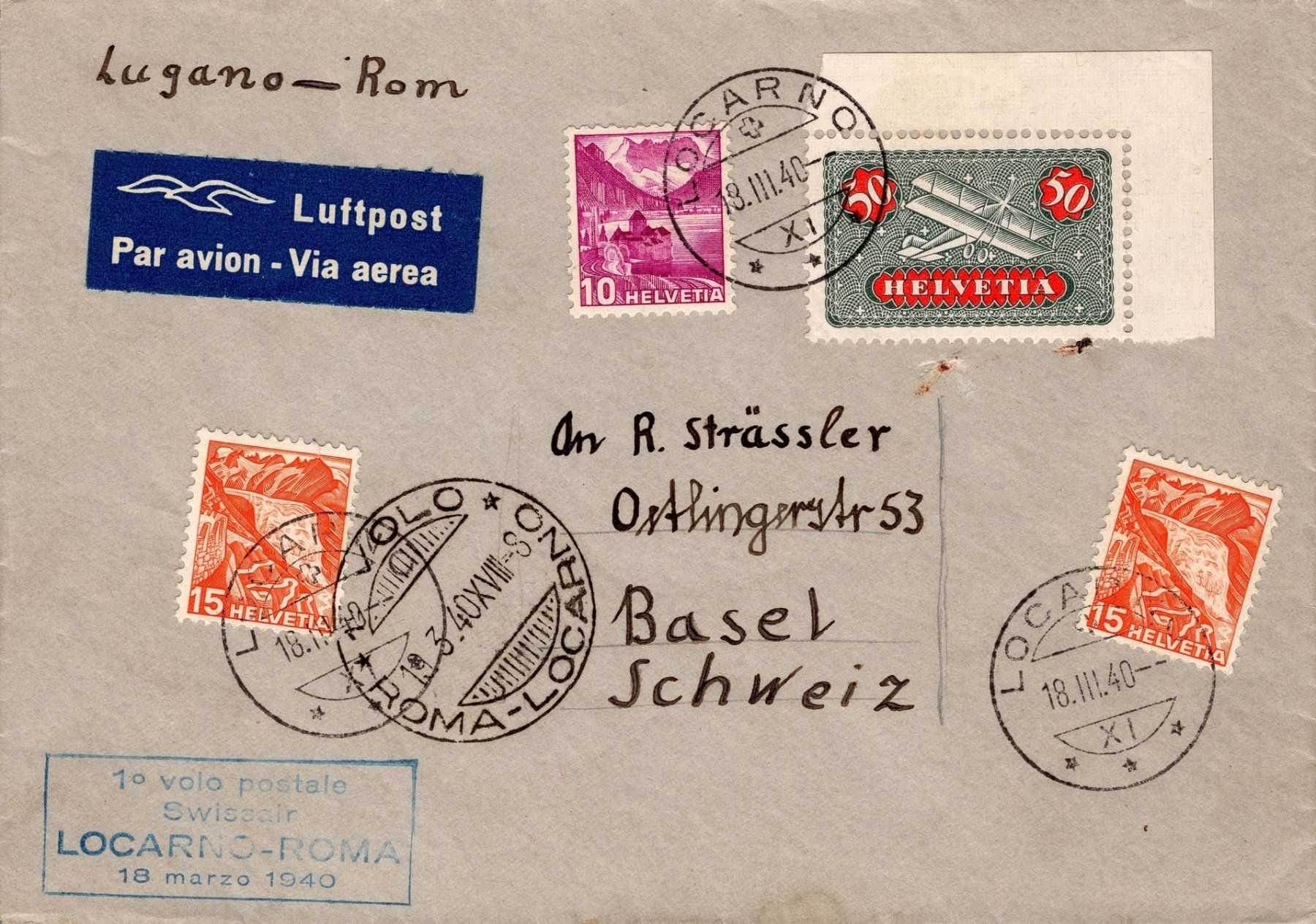 Tutti i francobolli: CH - Flugpost - regelm. Flug - RF 40.1b - Rom – Usato da Rombach venduto da VENTIS-Auktionen
