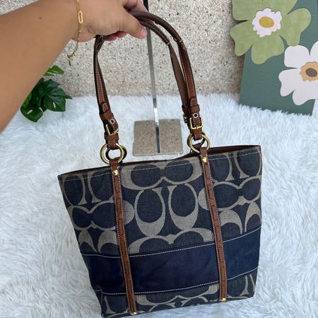 Coach Tasche Monogram Denim Leder braun blau H 25cm B 32cm
