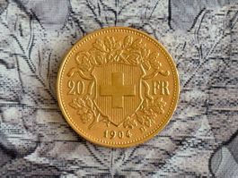 20 Fr. Vreneli 1904 / Goldmünze / stgl. / CH - Rarität