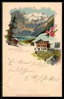 Lithographie Oeschinensee, Seeansicht mit Blümlisalp