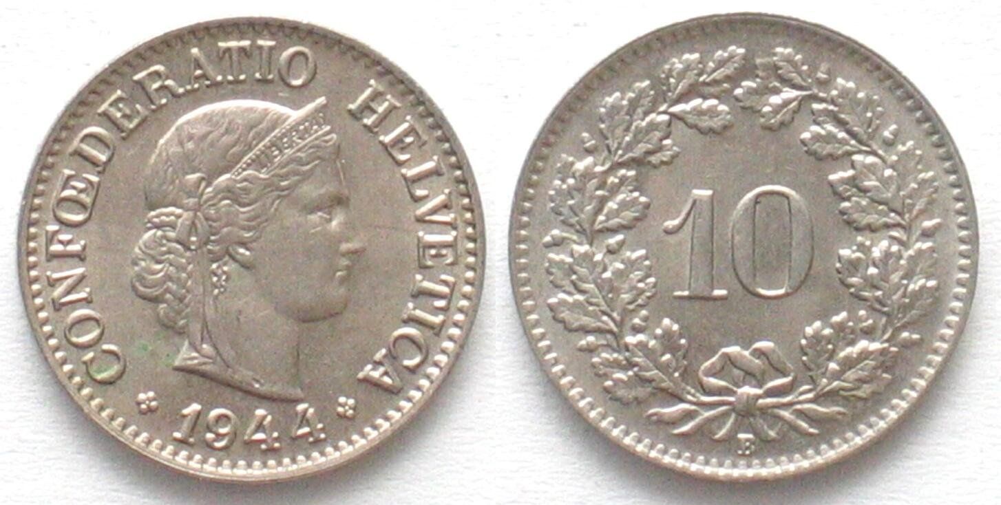 Tutti le monete: Schweiz EIDGENOSSENSCHAFT 10 Rappen 1944 Ku-Ni – Usato da Riehen venduto da sesambestcoins2004