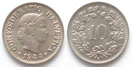 Schweiz EIDGENOSSENSCHAFT 10 Rappen 1944 Ku-Ni