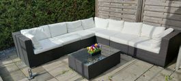 Polyrattan-Lounge 7 Module, mit Glastisch, Truhe und Haube