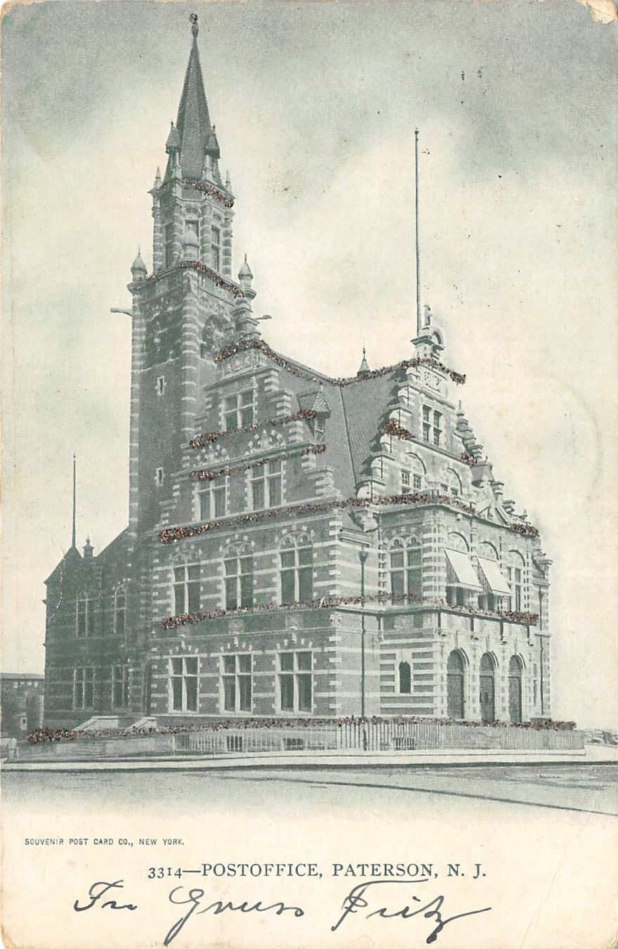 Cartoline postali: Paterson N.J., Post Office, Glitzer – Usato da Ottikon b.Kemptth. venduto da Neptun1974