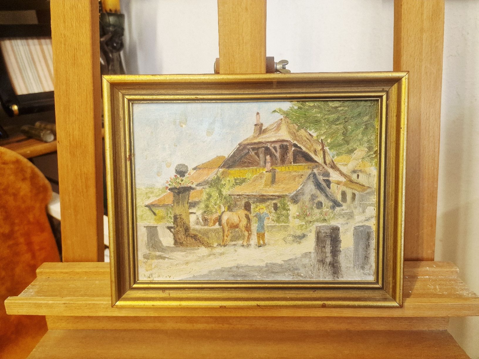 Dipinti: Gemälde Bauernhaus mit Pferd und Mann signiert – Usato da BERN venduto da Intarsia 2