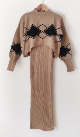 Maxi Strick-Kleid mit Pullover Pulli Zweiteiler Rauten Gr.S