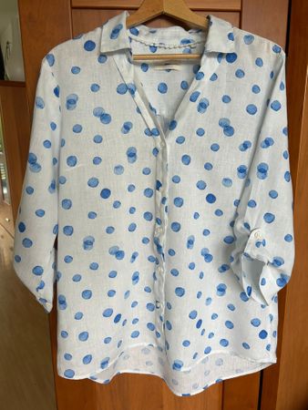Christian Berg Leinenbluse Gr. 42, Weiss/Blau gepubktet