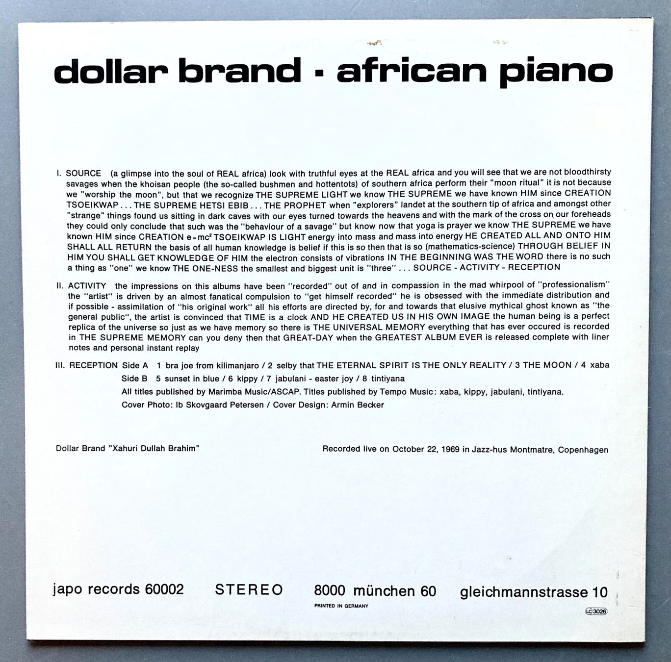 Dischi in vinile: DOLLAR BRAND - AFRICAN PIANO – Usato da Poliez-Pittet venduto da Newtown-Records 1