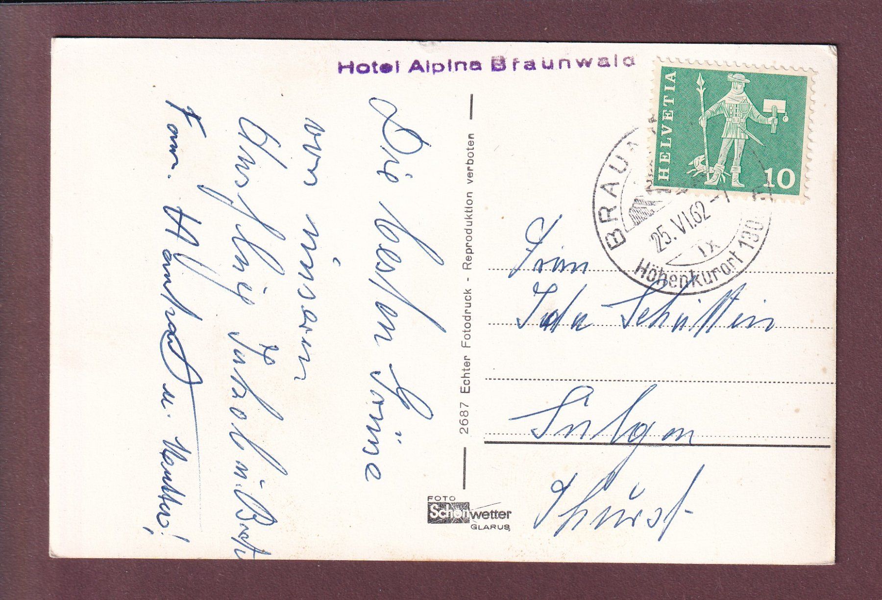 Cartoline postali: BRAUNWALD - Sesselbahn - Ortstock - 1962 – Usato da Pully venduto da nicecards 1