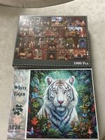 2 Puzzles 1000 Teile "White Tiger" & Hundehaus neuwertig