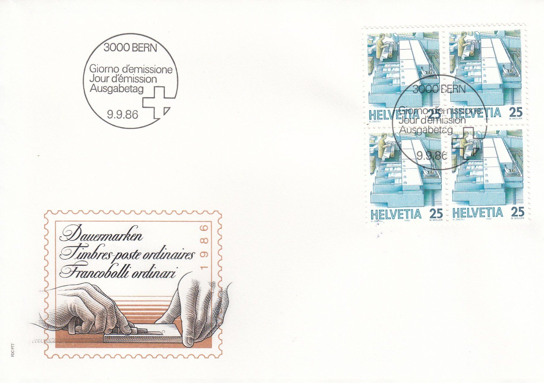 Tutti i francobolli: 1986 6 FDC Viererblock Dauermarken Postbeförderung – Usato da Spreitenbach venduto da Mustang_1105 2