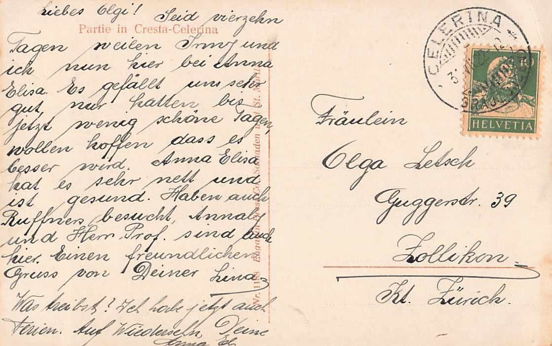 Ansichtskarten: 4x Ansichtskarten CELERINA ab 1919 - interessanter Mix ! – Gebraucht aus Lufingen von TopAnsichtskarten 3