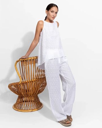 Piu & Piu Sommer Top und weite Hose Leinen bestickt weiss 36