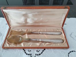 Salatbesteck  Horn in Box mit Gebrauchsspuren