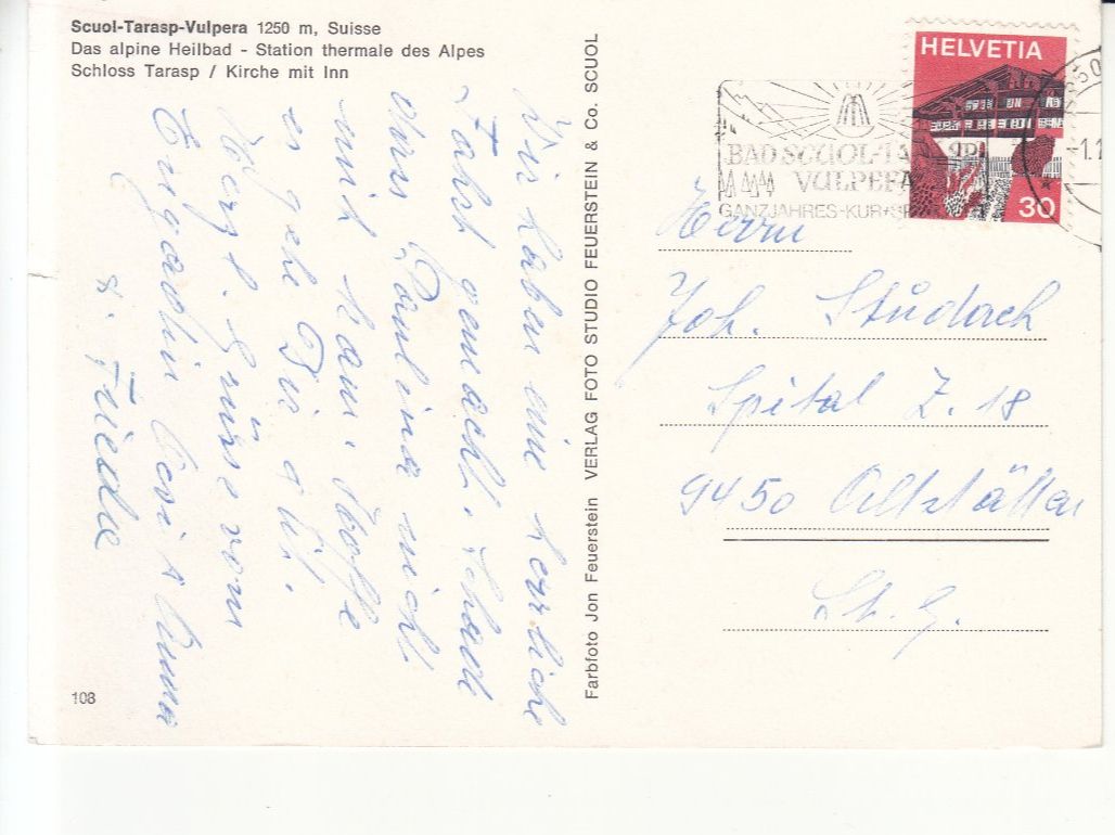 Cartoline postali: Scuol Tarasp Vulpera ca. 1975 – Usato da Bürglen TG venduto da StampGraf 1