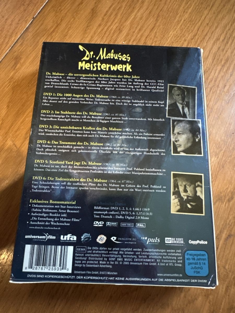 Tutti i DVDs: Dr. Mabuses Meisterwerk, psycho 1-4 DVD Box – Usato da Benken ZH venduto da Audi-erich 2