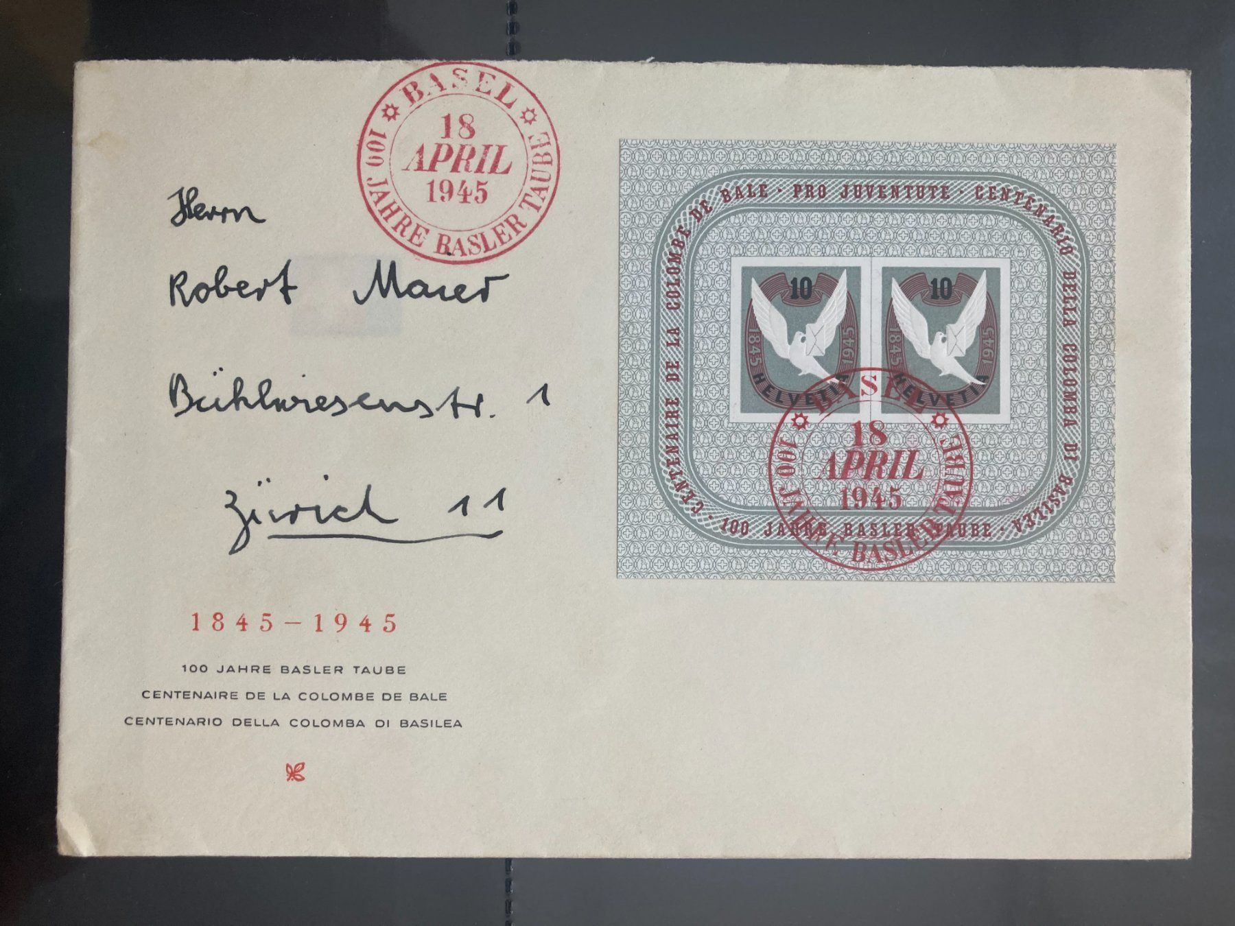 Tutti i francobolli: Schweiz 1945 Sonderstempel 100 J. Basler Taube Block – Usato da Liestal venduto da schnueps