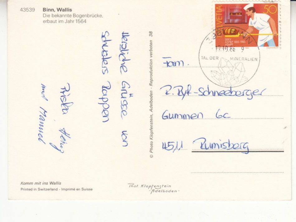 Cartoline postali: Binn 1986 – Usato da Bürglen TG venduto da StampGraf 1